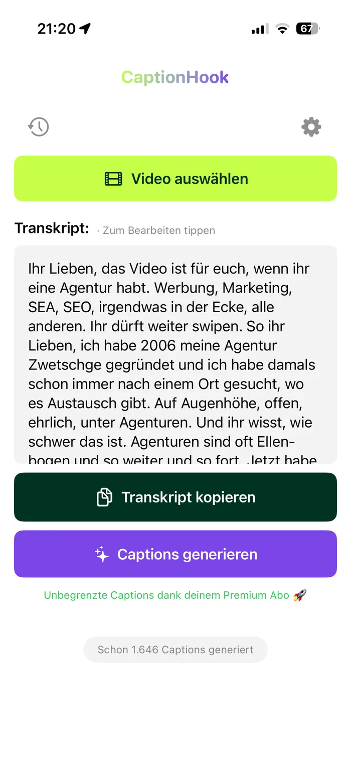 CaptionHook: lokal erstelltes Transkript eines Videos mit Buttons zum Kopieren und zum Generieren der Captions