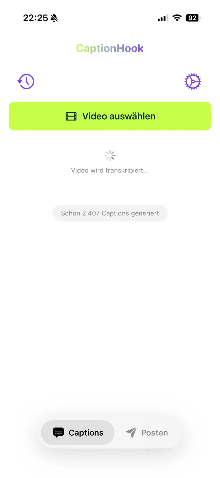 CaptionHook Startbildschirm mit dem Button „Video auswählen“