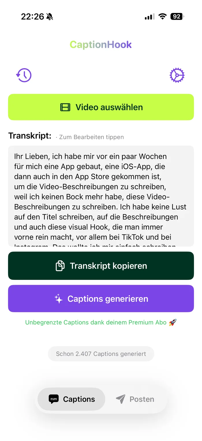 Lokal erstelltes Transkript eines Videos in CaptionHook