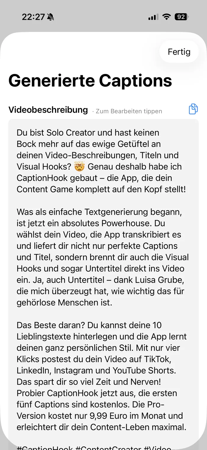 Generierte Videobeschreibung, Titel und Visual Hook in CaptionHook