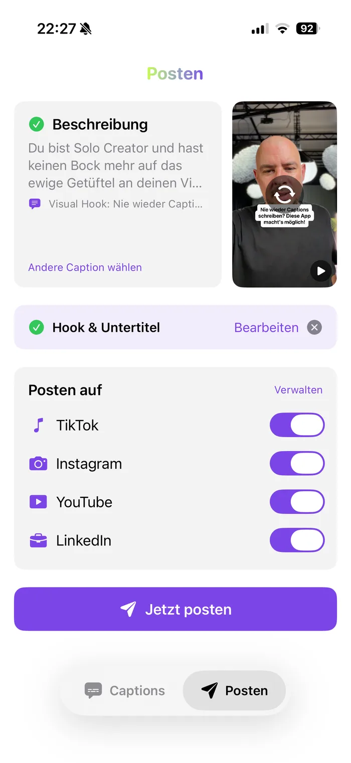Direkt posten in CaptionHook: TikTok, Instagram, YouTube und LinkedIn